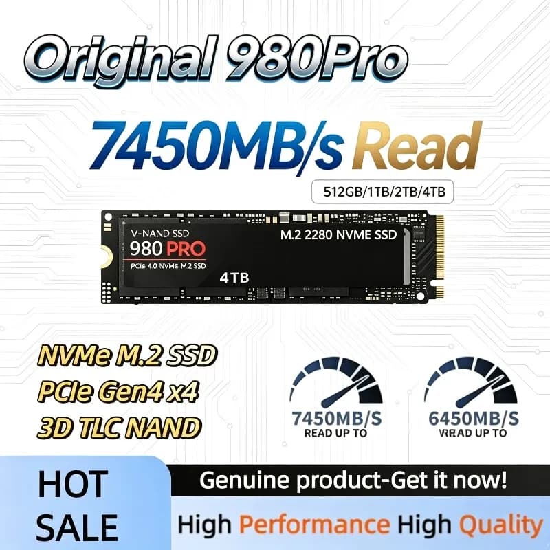 Original 980Pro NVMe M.2 PCIe Gen4 x4 SSD, 3D TLC NAND, Read 7450MB/s, High-End Internal Hard Drive for PC & Laptop.