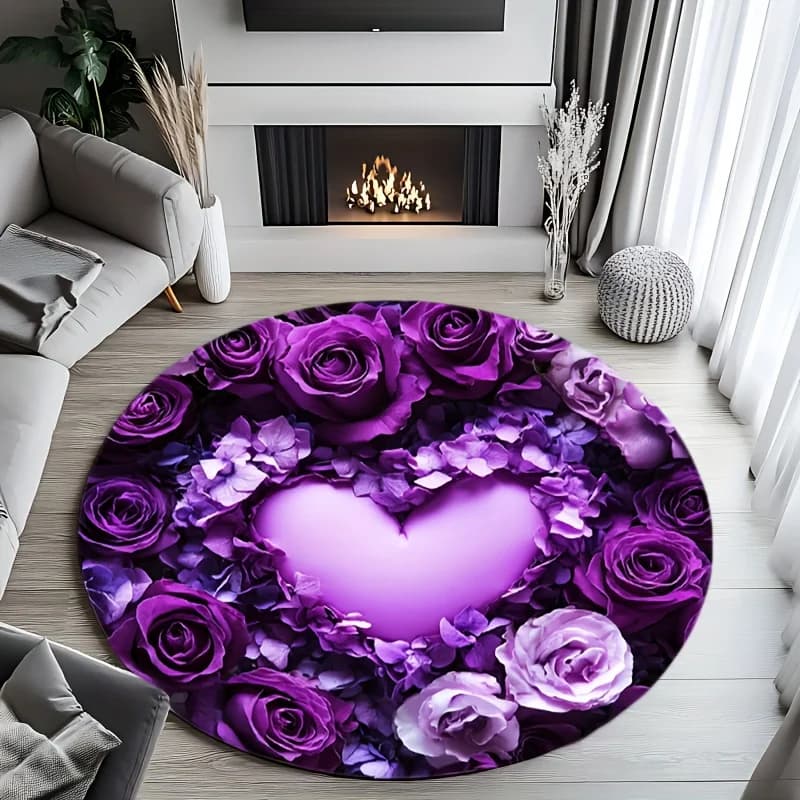 Flannel printed round carpet with purple rose design for yoga, meditation and home decoration, soft floor mat, modern style for living room