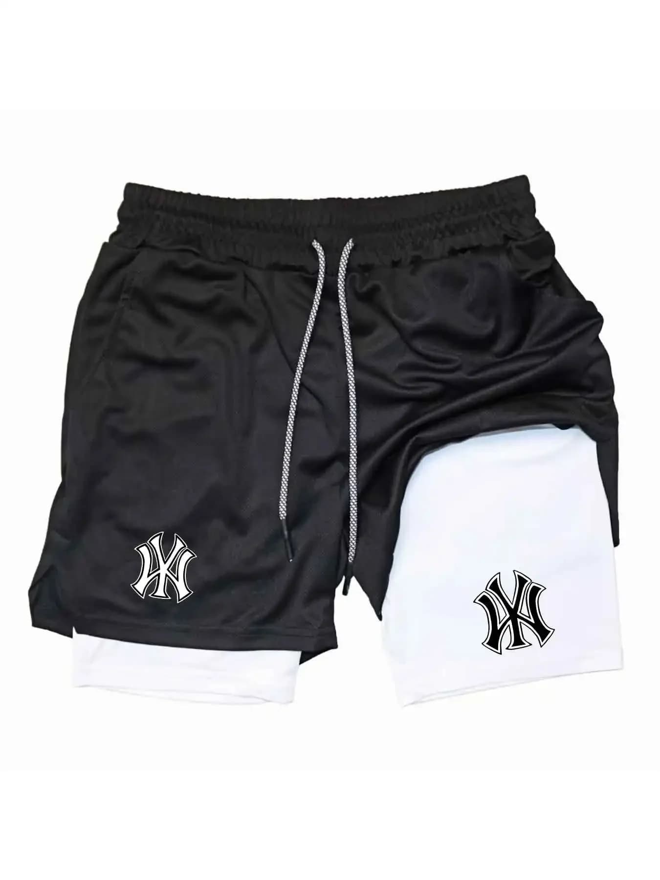 Men 2 in 1 Logo Print Sports Shorts Quick Dry Drawstring Gym Running Compression Liner Athletic Shorts With Side Pockets