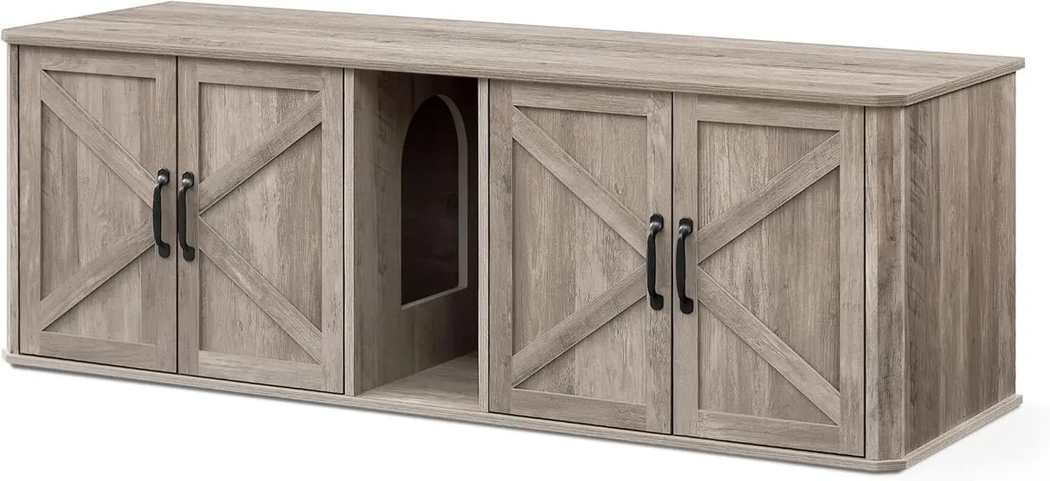 Mobiletto Doppio per Lettiera Gatti con Ingresso Frontale, Cuccia Doppia per Gatti, Tavolino Laterale, Supporto TV, Grigio Heather, 59x19x19.5 Pollici