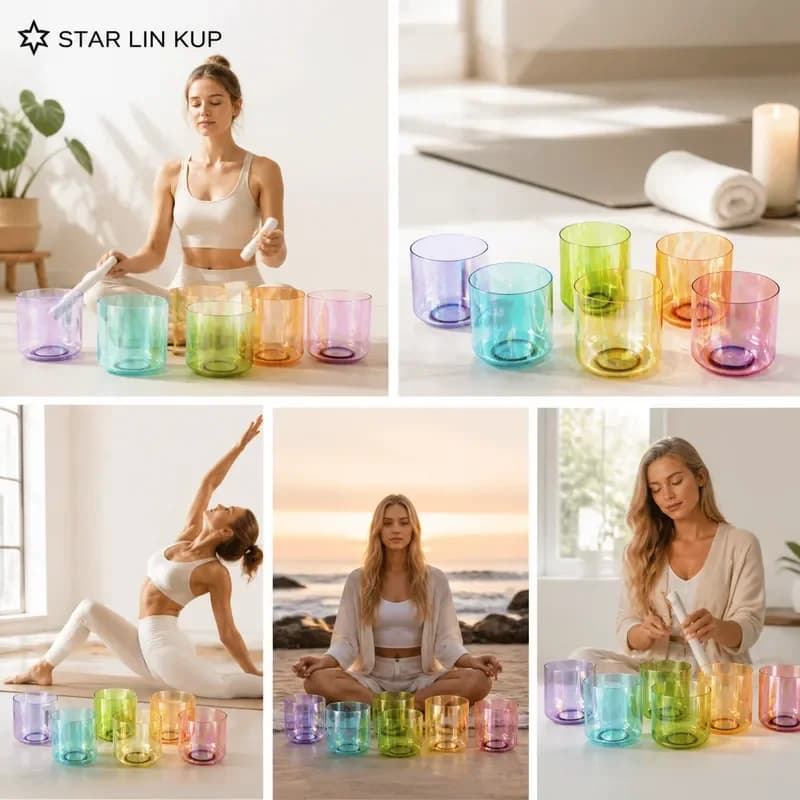 STAR LIN KUP 7 Chakra Crystal Singing Bowl Set 6-7 Inch 432Hz Cosmic Colored Healing Meditation Sound Therapy Kit with Bag