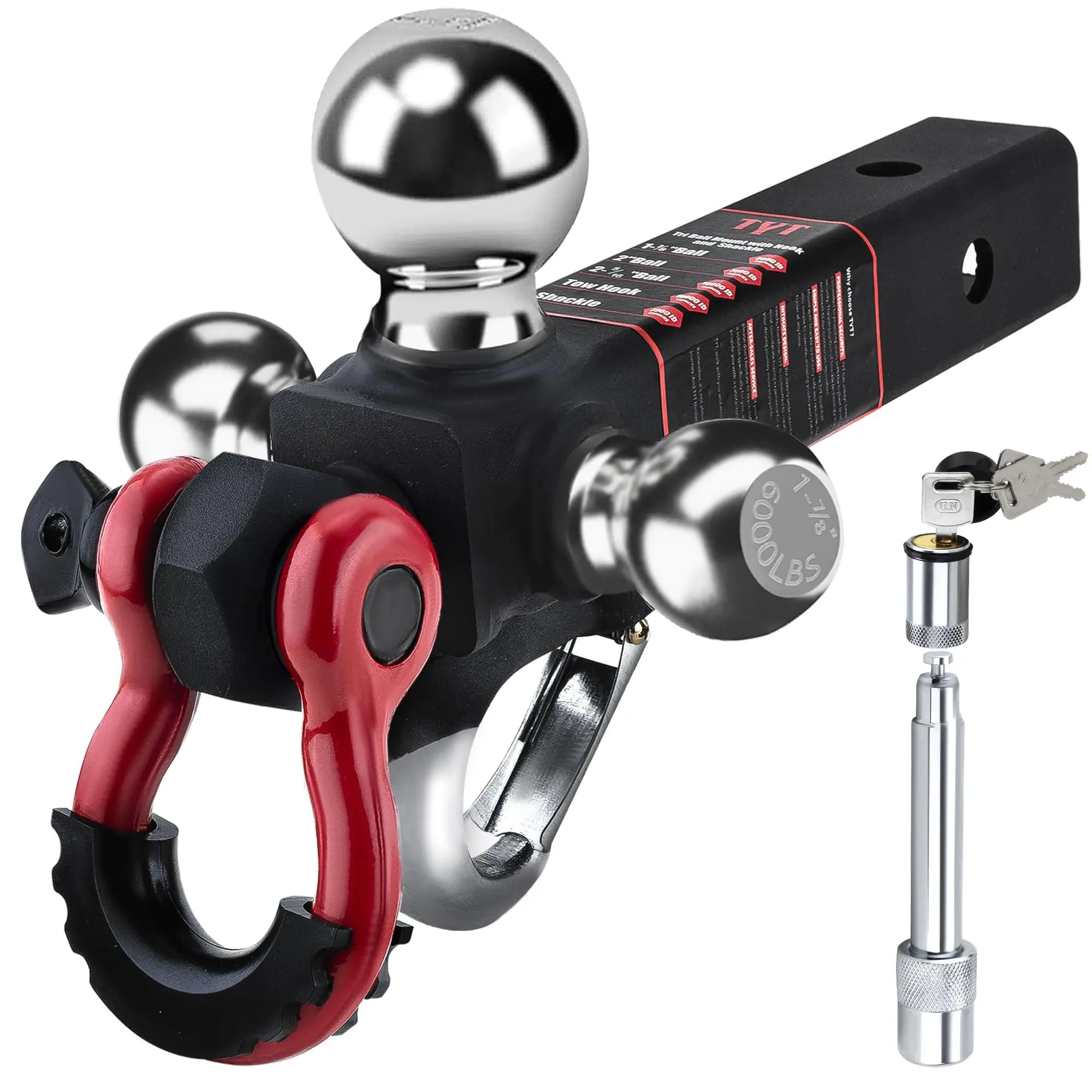 Supporto per gancio a tre sfere TYT, ricevitore da 2", sfere da 1-7/8", 2", 2-5/16", gancio di traino e grillo con forcella con serrature Gancio per rimorchio nero