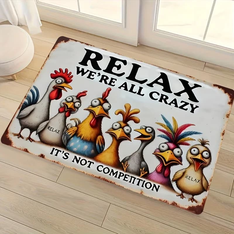 Rooster Welcome to Our Home Print Doormat Black Background Farm Animal Design Non Slip Floor Mat