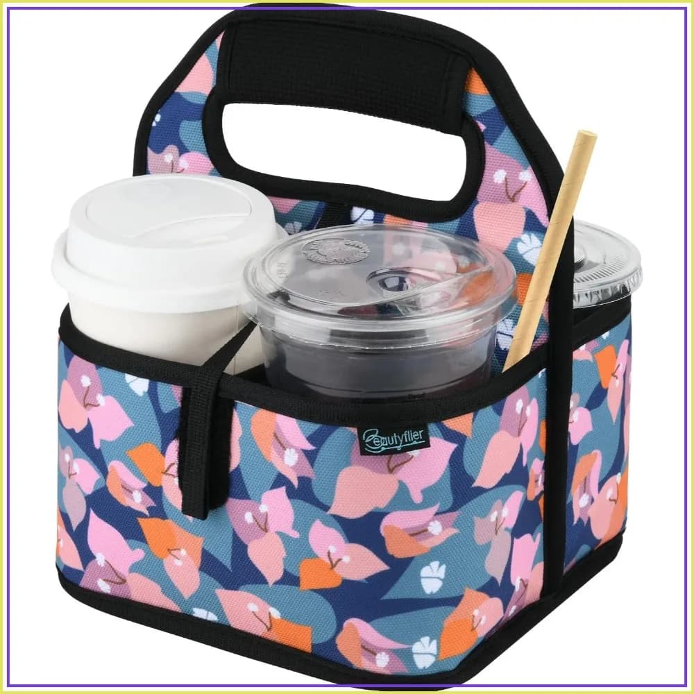Reusable Insulated Coffee Cup Carrier, Portable Drink Holder with Handle Organizer Tote Bag for Hot & Cold Drinks