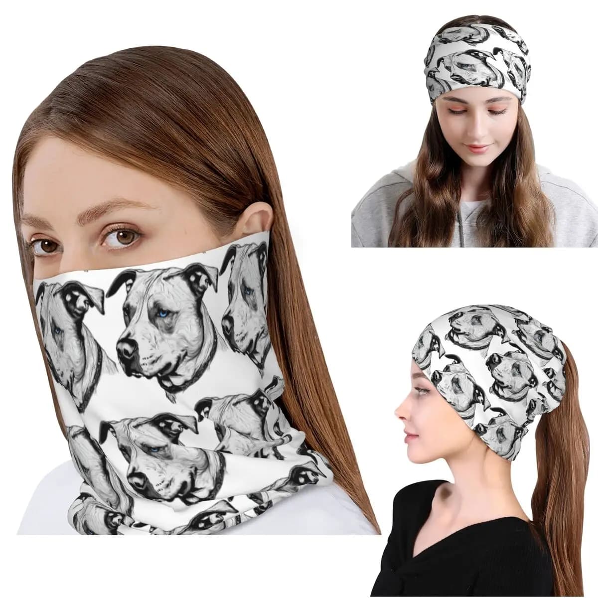 Minimalist Line Pitbull With Blue Eyes Bandana Neck Cover Wrap Scarf Multi-use Headwear Beanies Hat for Men Women Adult Winter