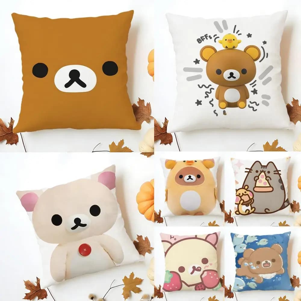 R-Rilakkuma Cushion Cover Washable Linen Pillowcase Soft for Sofa Bed Cozy Home Room Decor