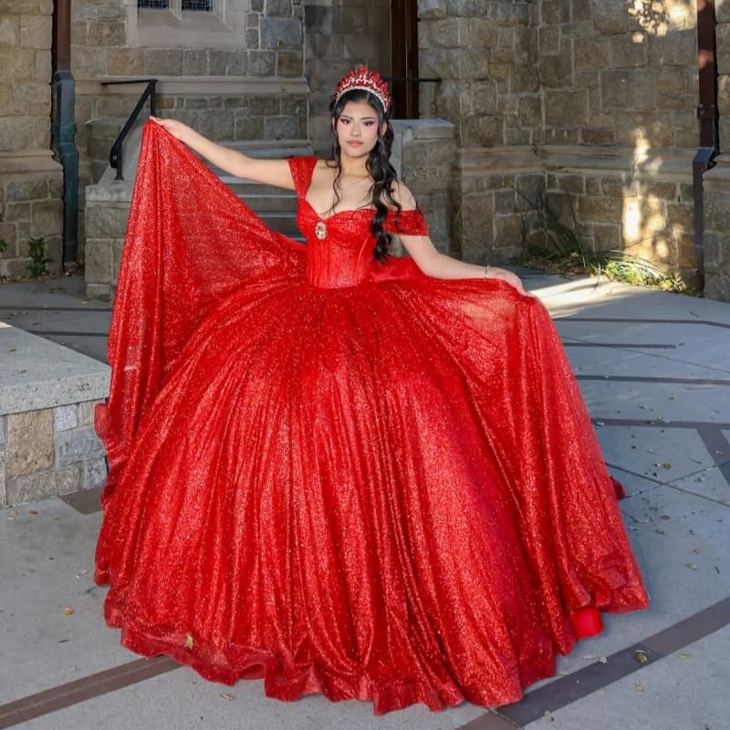 Rosso lucido Abiti stile Quinceanera Abito da ballo con spalle scoperte Perline Fiocco Tull Corsetto Dolce 16 Abito Abiti 15 De Anos