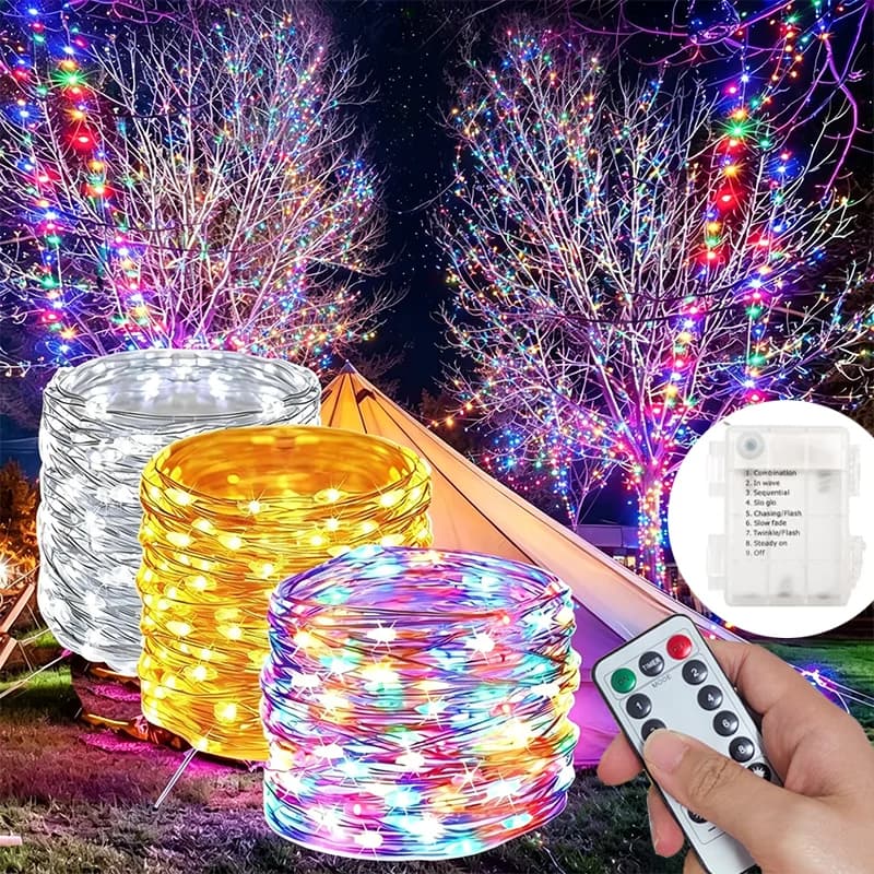 Luci a Corda in Rame con Telecomando 5/10/20/30M, 8 Funzioni, Alimentate a Batteria, Lampada LED per Decorazioni Floreali, Matrimoni e Natale