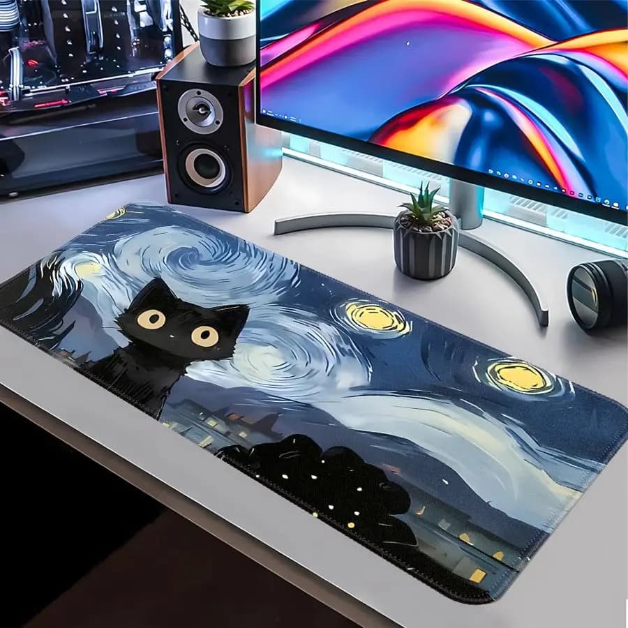 Office mouse mat, keyboard mat, game console mat, laptop mat, desk accessories, anti-slip, Starry Night Cat
