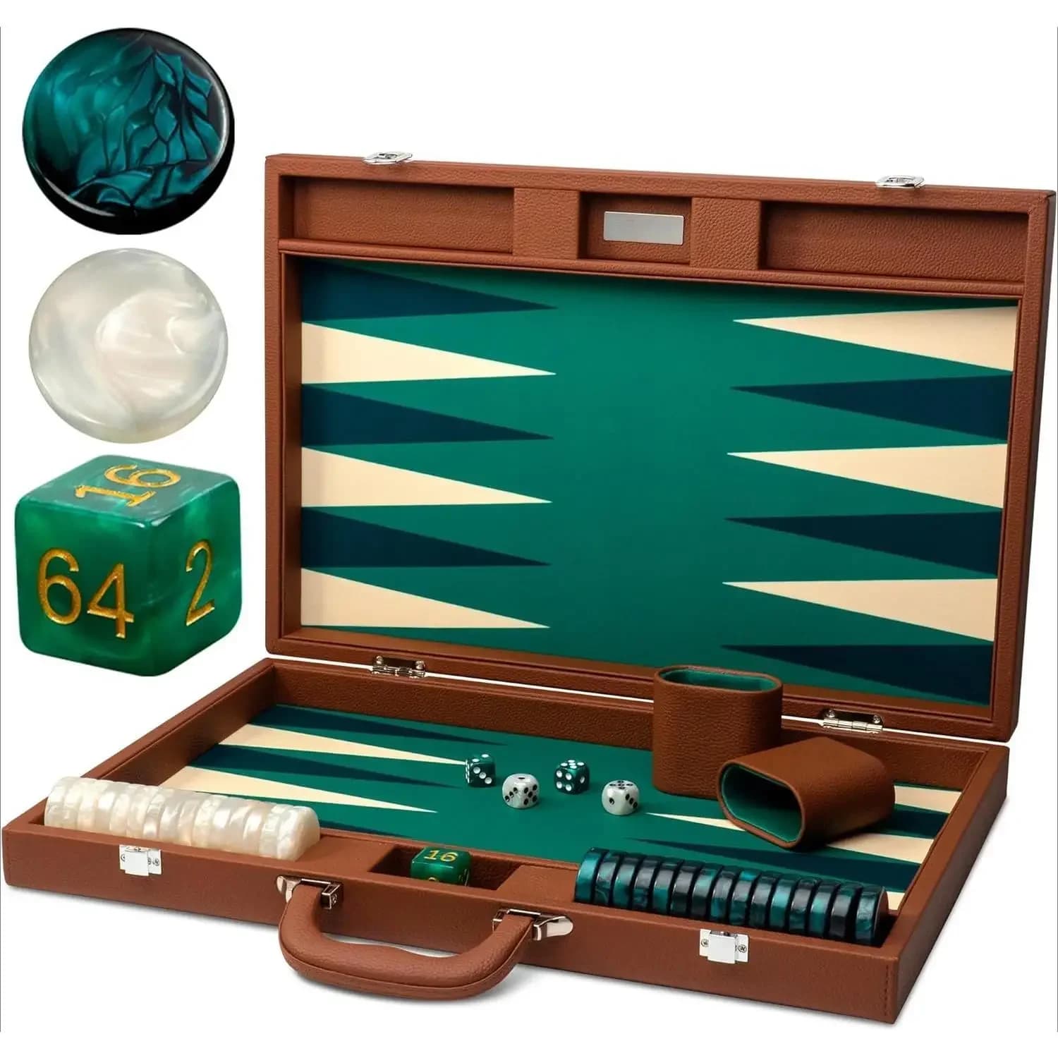 Set da backgammon premium da 19 pollici per adulti in pelle marrone - verde. Set di dama e dadi premium da 1,6 pollici, set da backgammon da viaggio,