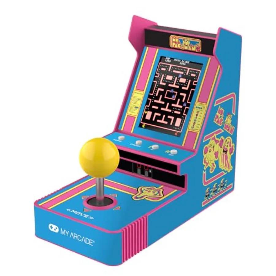 Console Mini Ms. Pac-Man con Joystick per Giochi Retrò Classici: 2 Modalità di Gioco, Corpo in Plastica ABS, Colori Rosso e Giallo