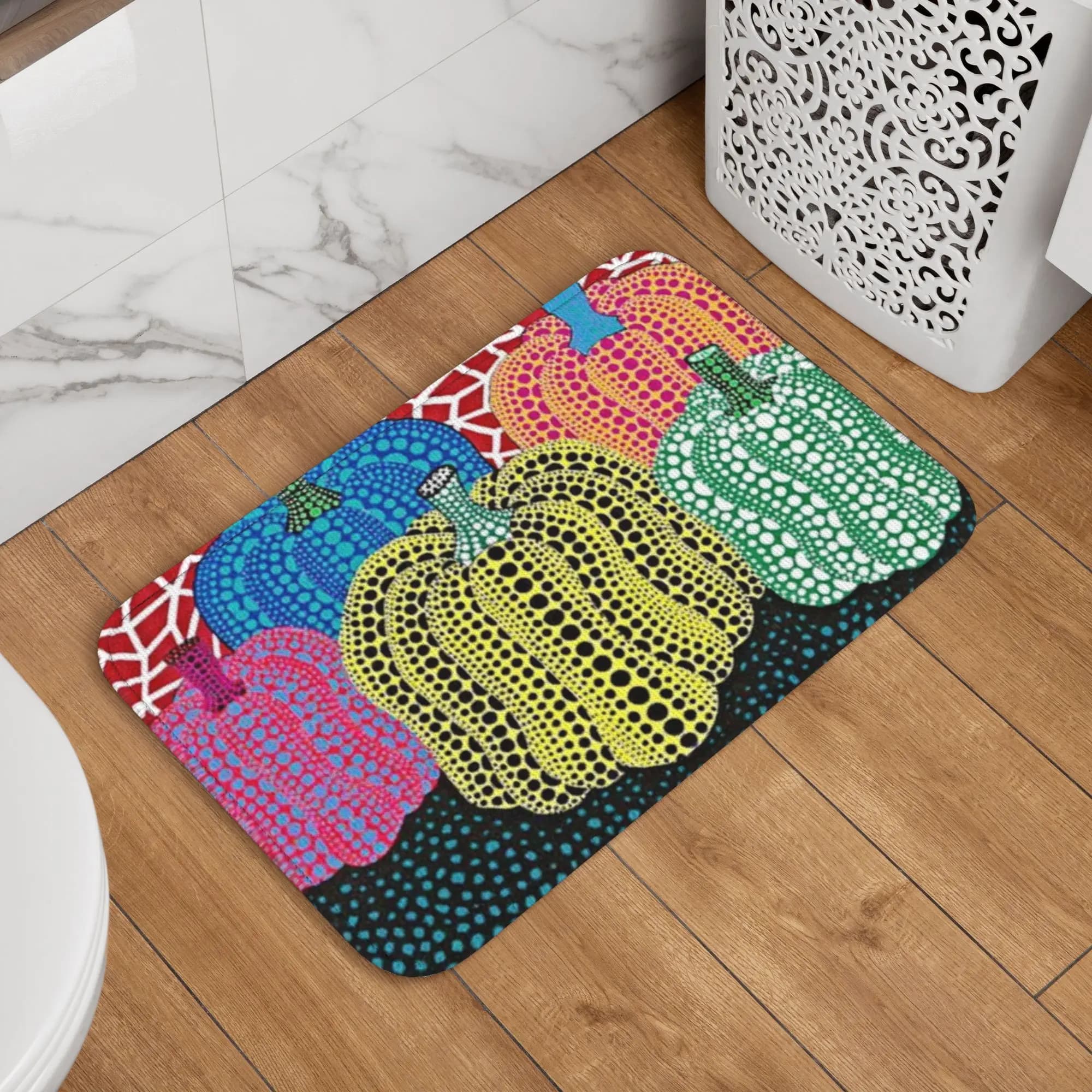 Tappeto Personalizzato con Tre Zucche a Pois, Stile Yayoi Kusama, per Ingresso, Bagno, Cucina, Camera da Letto, Balcone