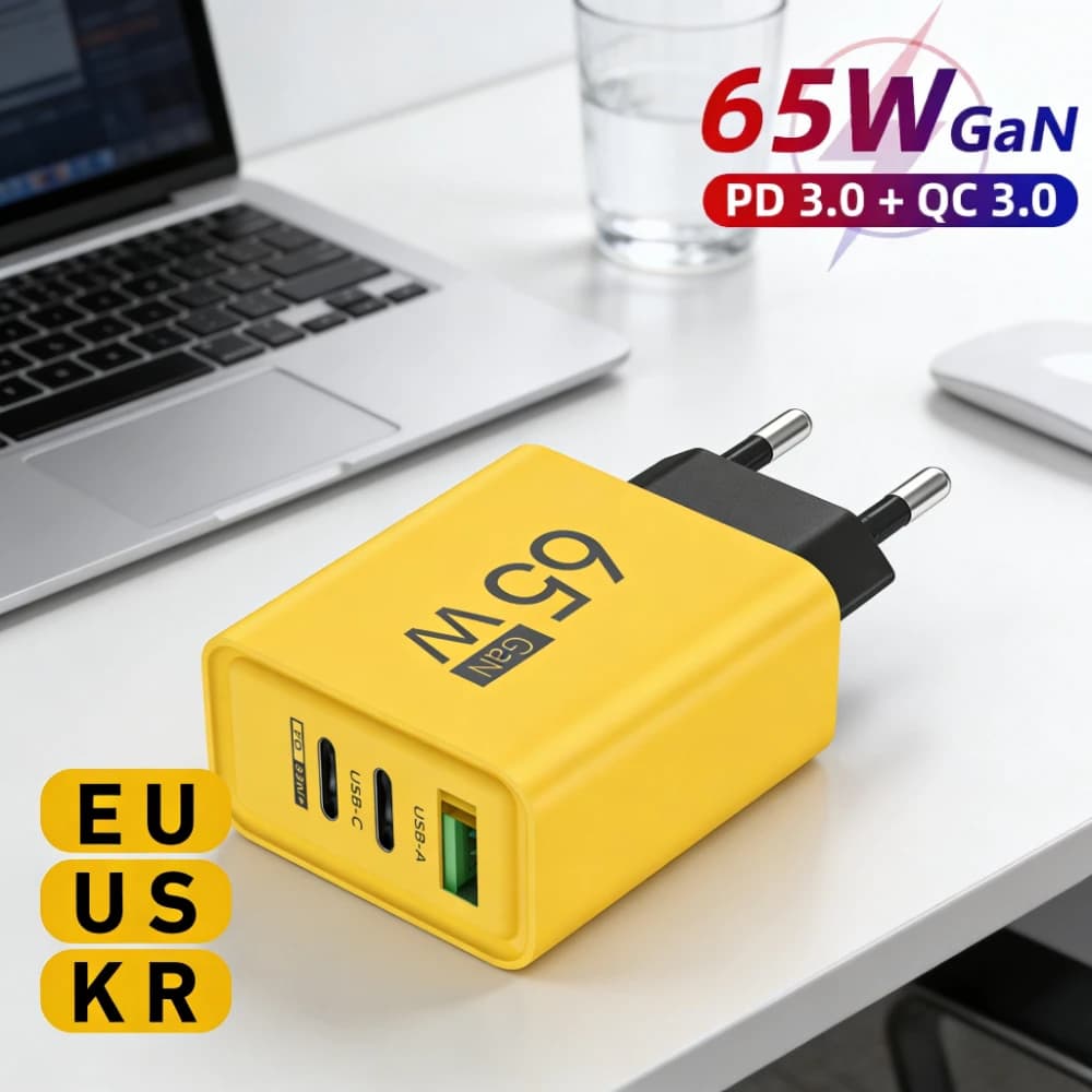 Caricatore USB C GaN 65W a ricarica rapida con spina EU/US/KR, caricatore da parete USB Type C per cellulari iPhone, Xiaomi, Huawei, Samsung