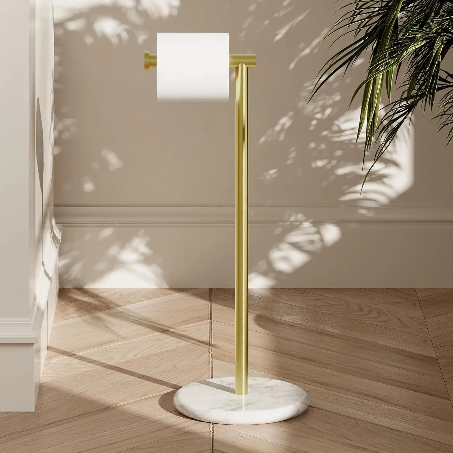 Portarotolo per Carta Igienica Moderno con Base in Marmo e Finitura in Acciaio Inossidabile Dorato, Design Autoportante