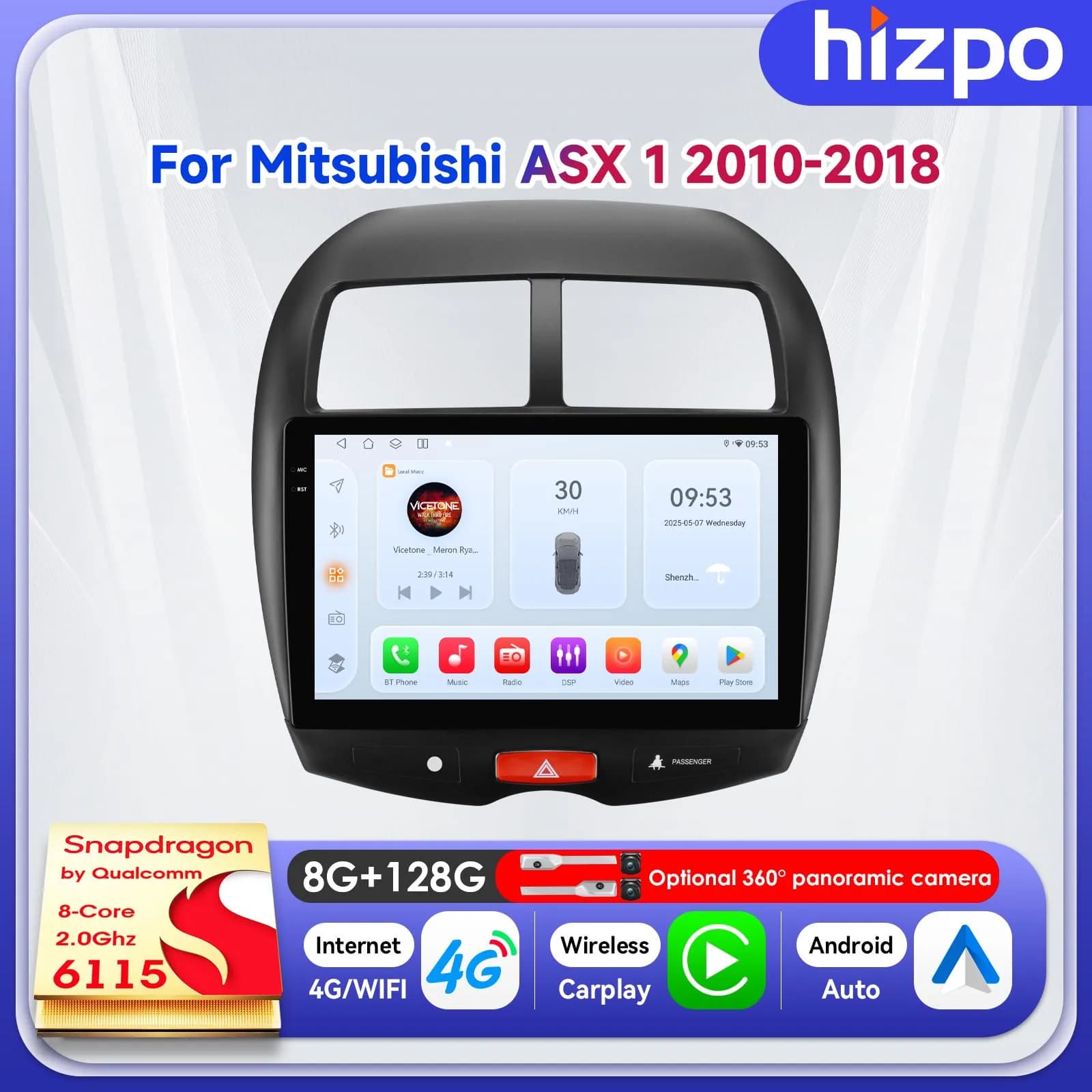 Hizpo 10.1" 2Din Video Car Intelligent Systems per Mitsubishi ASX 1 2010 - 2018 Carplay Player Schermo per dispositivo elettronico Android