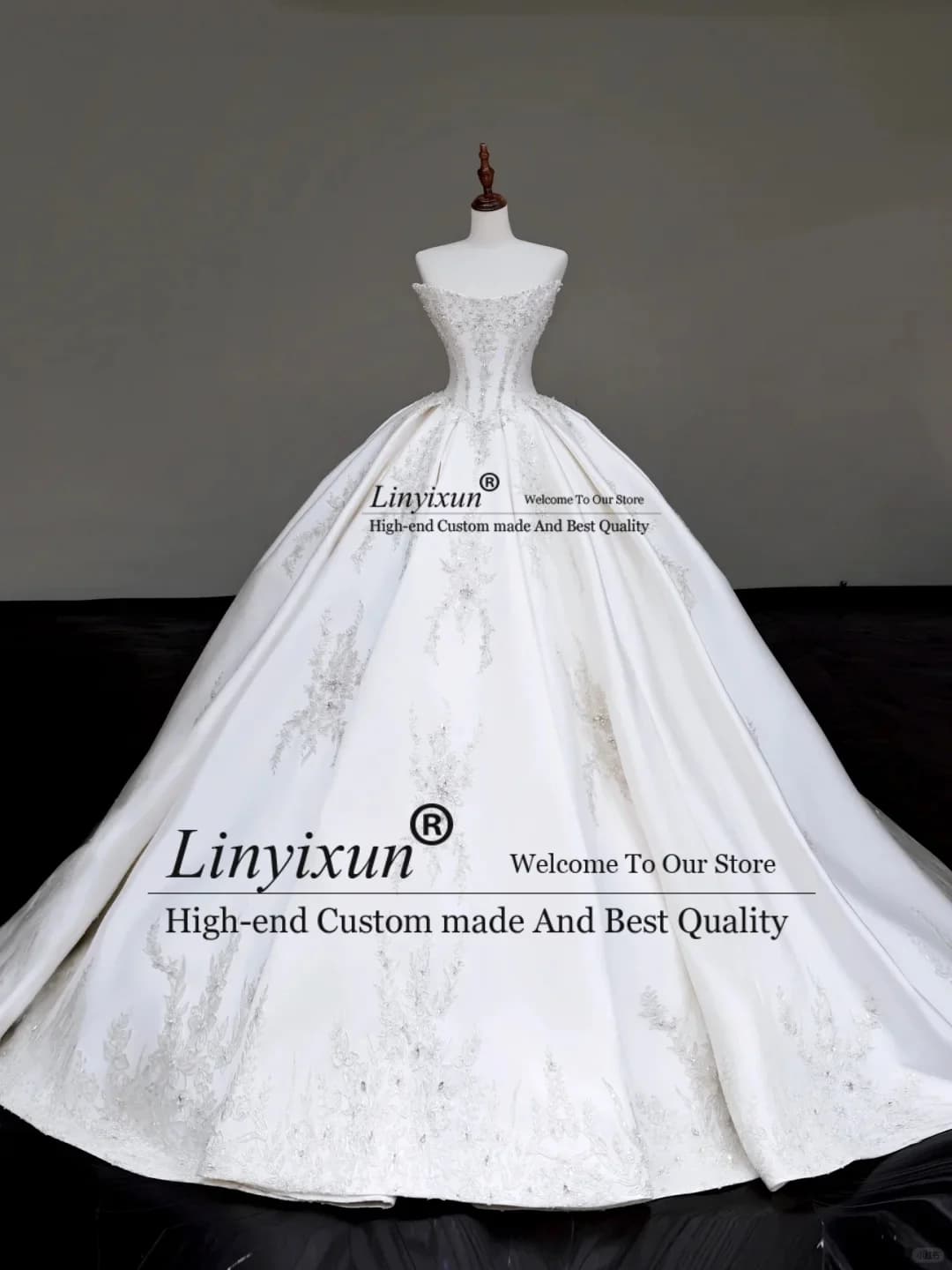 Abito da Sposa di Lusso con Cristalli, Vestito da Sposa a Ball Gown in Raso, Senza Spalline, Senza Maniche, con Strascico, Personalizzabile, Vestido De Novia