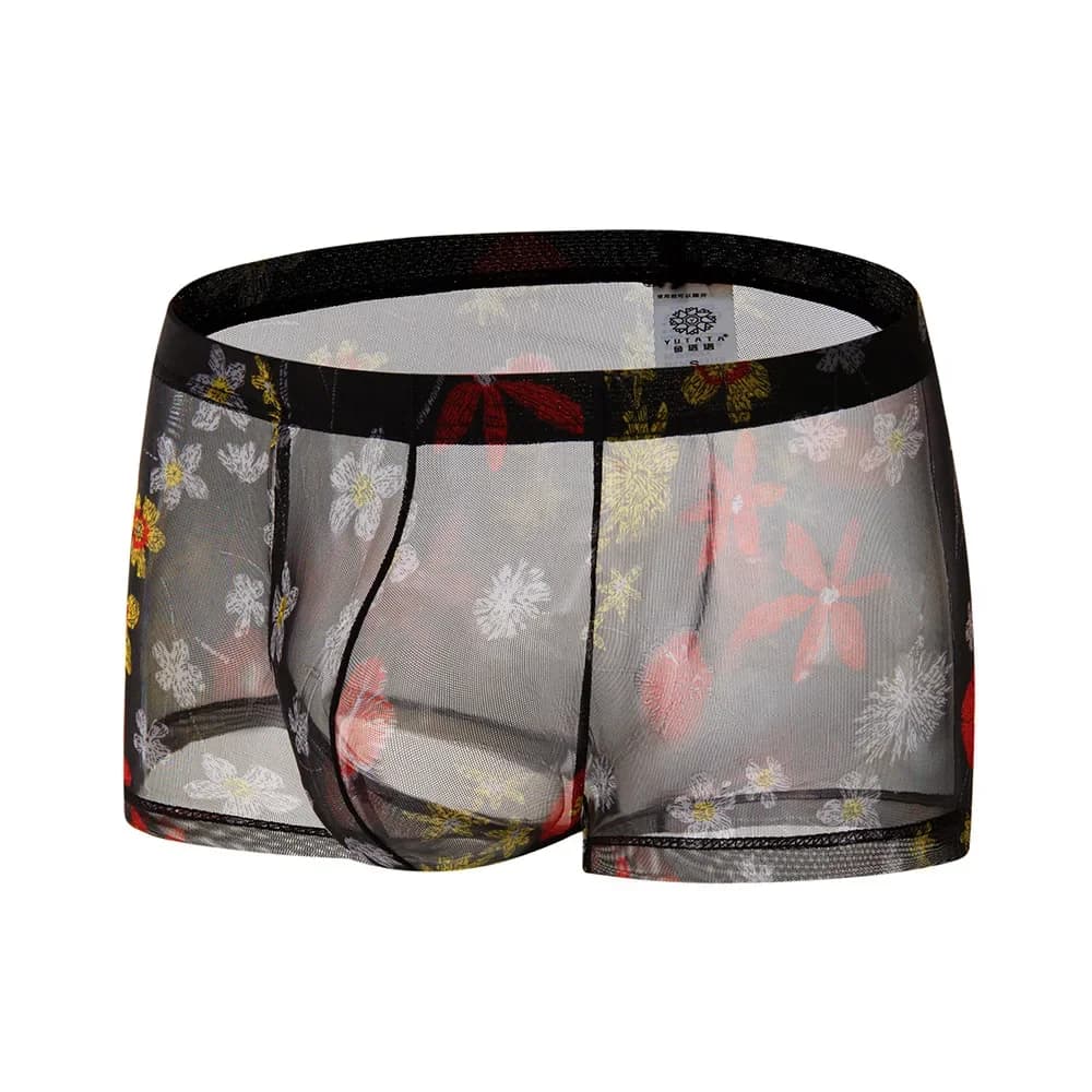 Boxer intimo da uomo Mutandine maschili sexy Boxer da uomo gay Boxer trasparente Mutande stampate stile Boemia Vedi attraverso boxer