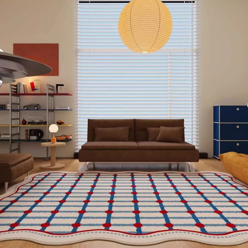 Tappeti Decorativi in Stile Retrò per Soggiorno, Tappeti Rossi e Blu per Camera da Letto, Tappeto Artistico a Griglia per Comodino, Morbido e Soffice Tappetino Irregolare per Casa