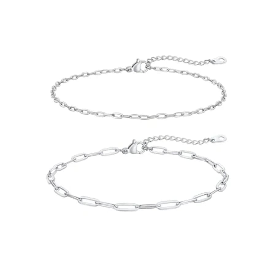 Waterproof Ankle Bracelets for Women, 1/2/3Pcs Non Tarnish Stainless Steel Layered Anklet Set Paperclip Figaro Cuban Link Chain