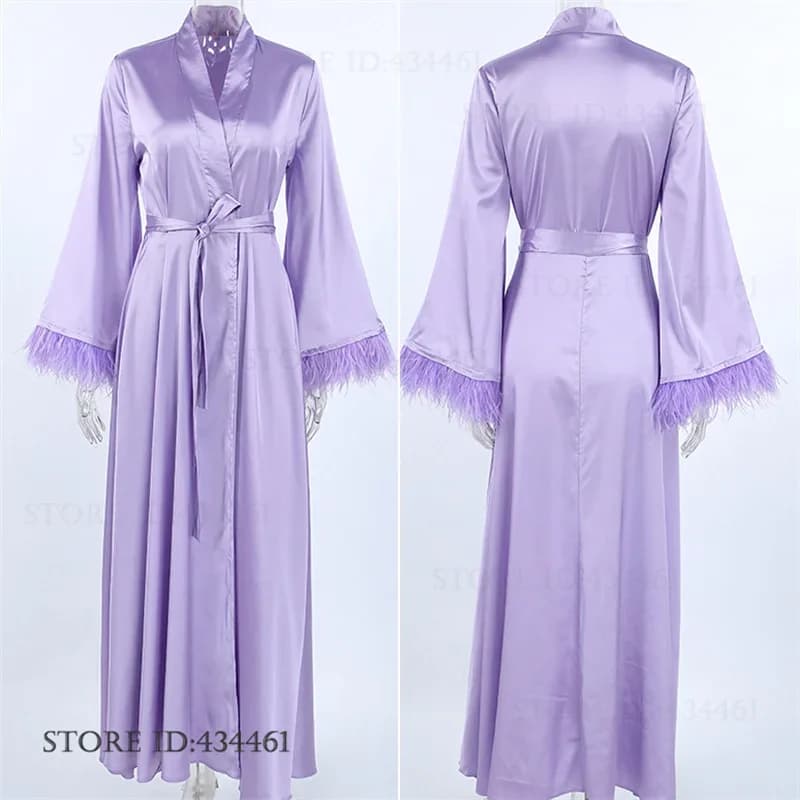Luxury Ice Silk Female Long Robe Home Dress Elegant Purple Feather Cuffs Bathrobe Night Dress Loungewear Fashion Loose Sleepwear