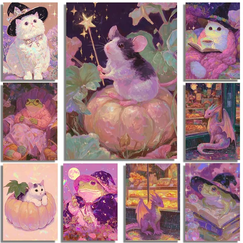 Cute Pink Purple Magic Frog Cat Dragon Animal Art Poster Diamond Print Halloween Home Living Room Bedroom Wall Decor Painting