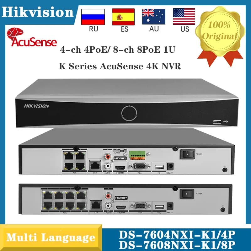 Registratore Video di Rete Originale Hikvision 4CH 4POE DS-7604NXI-K1/4P e 8CH 8POE 1SATA 4K DS-7608NXI-K1/8P, NVR Acusense per Videosorveglianza