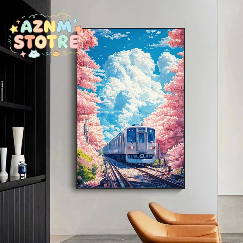 Japanese Cherry BlossomTrain Avenue Mount Fuji Temple Scenery Poster Canvas Art Paint Prints Home Room Wall Picture Decoratio