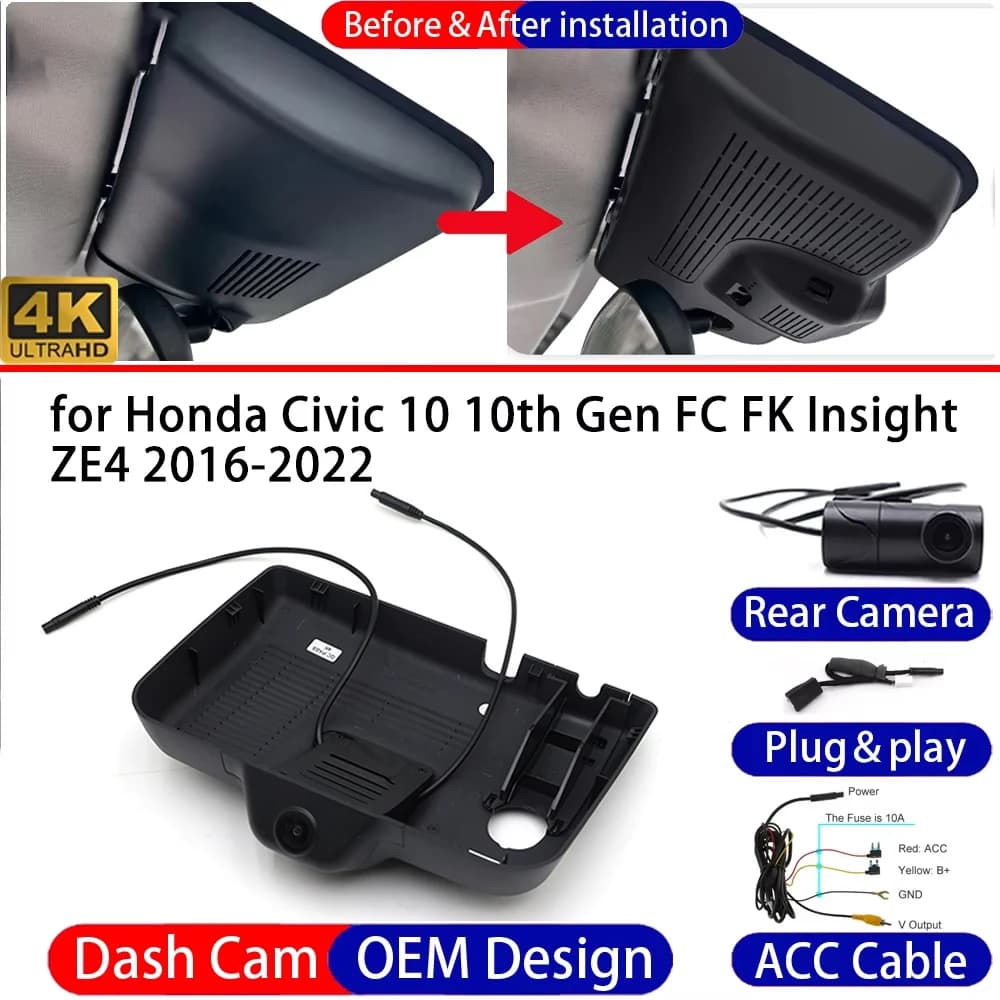 Dash Cam for Honda Civic 10 10th Gen FC FK Insight ZE4 2016-2022 Front＆Rear 4K DVR Dashboard Camera Video Recorder Parking Mode