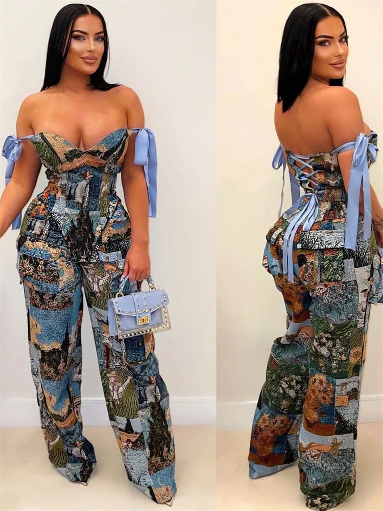 Completo da donna a due pezzi con stampa trendy e pannelli, top attraente con spalle scoperte e pantaloni larghi a vita elastica, nuovi outfit femminili