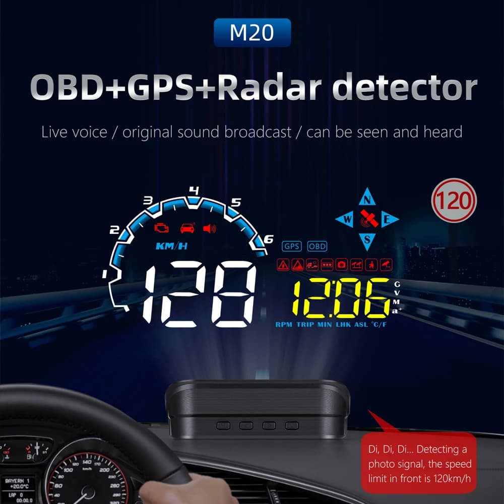M20 OBD2+GPS +RD Speedometer 3.5" LED Screen GPS Speed Alert projector HUD for Car Windshield Head-up Display Universal Fitment