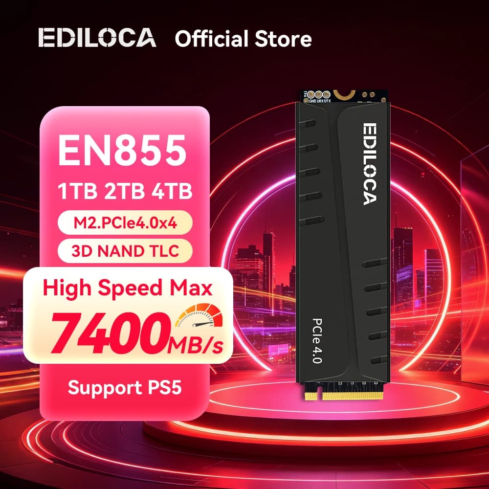 Ediloca EN855 PS5 SSD SLC Cache & DRAM with Heatsink PCIe Gen4.0 NVMe M.2 SSD 7400MB/s Internal Solid State Drive for PS5 & PC