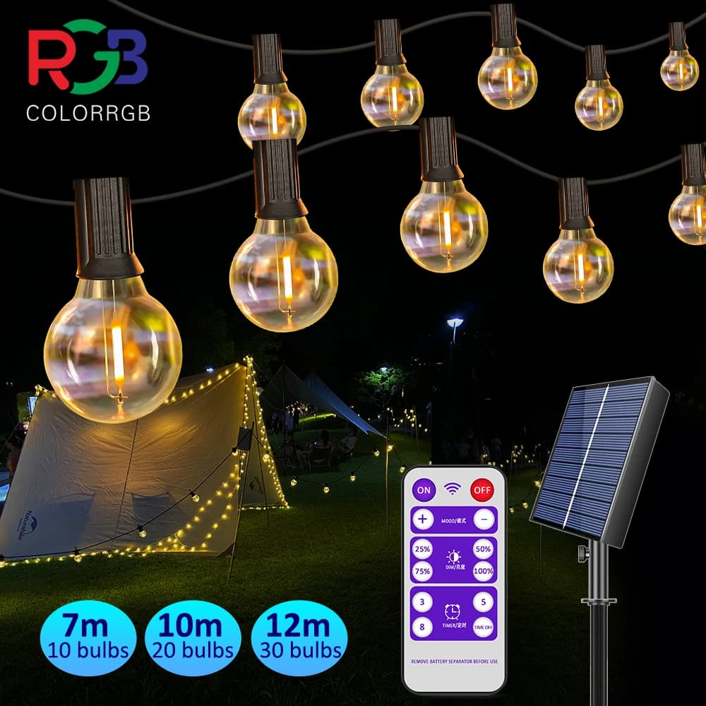 12M 30 LED G40 Luci a corda solari Luci da patio per esterni Luci a sospensione a globo impermeabili alimentate a energia solare e USB con infrangibile