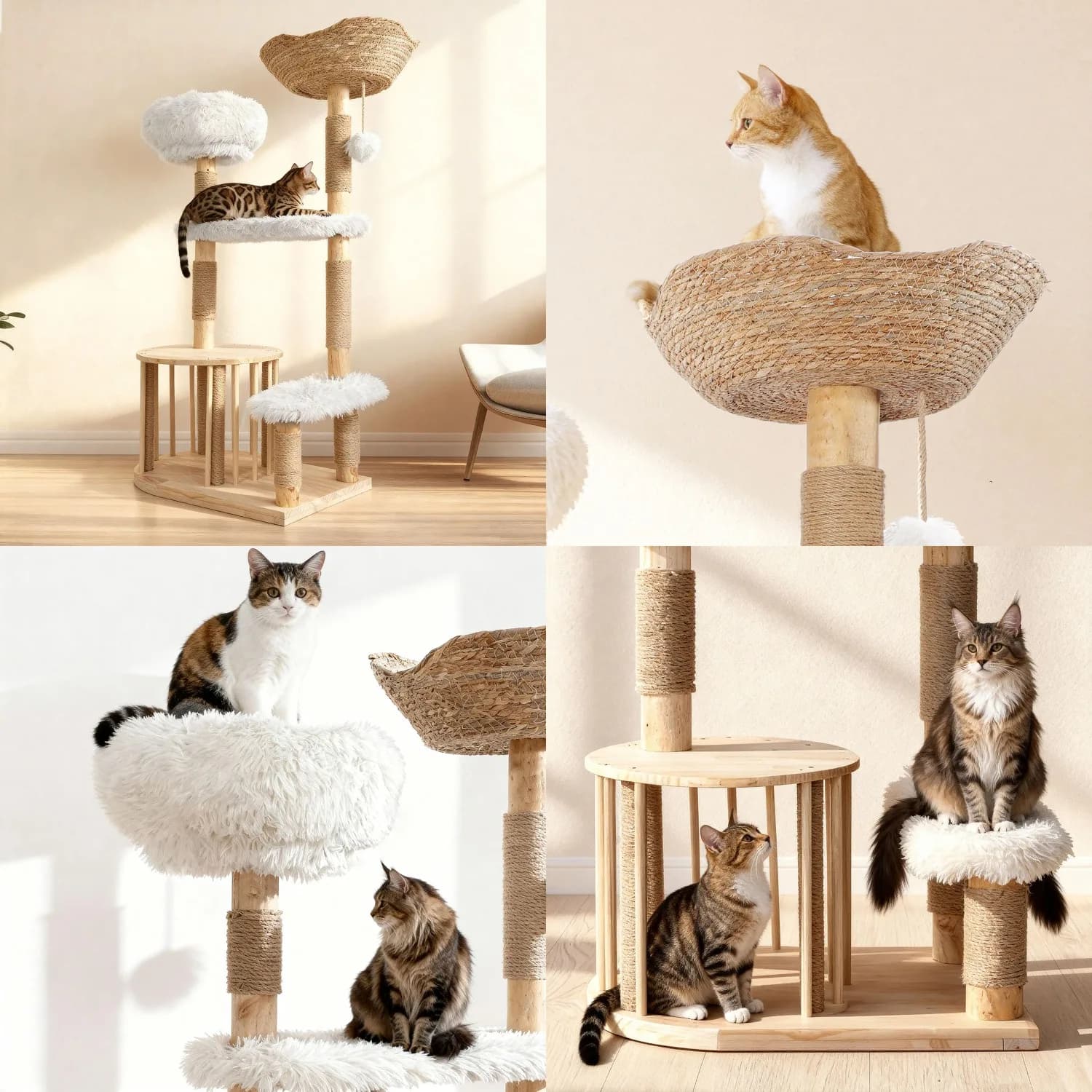 Albero per Gatti, 130 cm, Moderno, in Legno Massello Naturale, con Cuccia di Lusso e Doppie Piattaforme, Multi-Livello, Personalizzabile