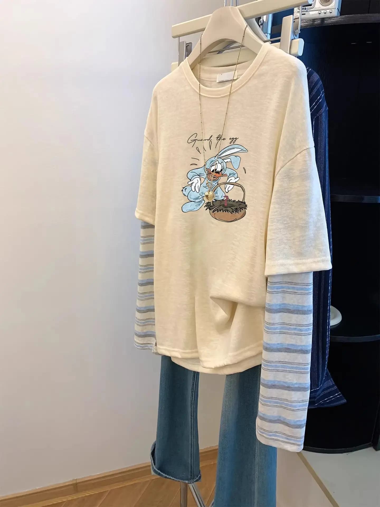 plus Size Women's Summer Long Sleeve T-Shirt Striped Rabbit Sleeve Fake Two-Piece Loose Fit Top Korean Style Casual Wear