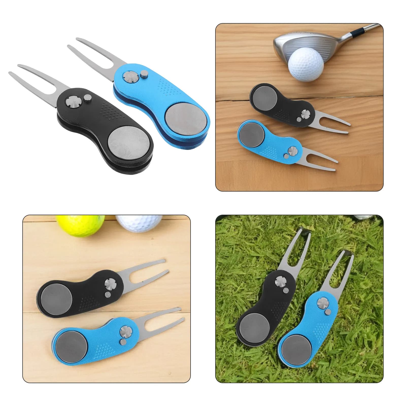 Set di 2 Attrezzi Riparatori per Divot da Golf Pieghevoli con Manico in Alluminio, Marcatore di Palline e Fissatore di Segni sul Prato, Accessori da Golf