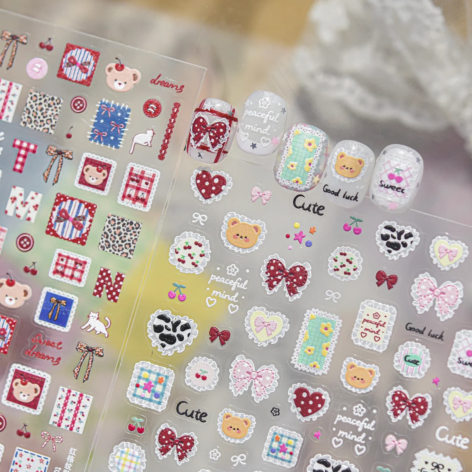 Sweet Cartoon Bear Lace Bow Grid Stripe Leopard Print High Quality Nail Stickers Art Decorations Nail Decals Design T-6010