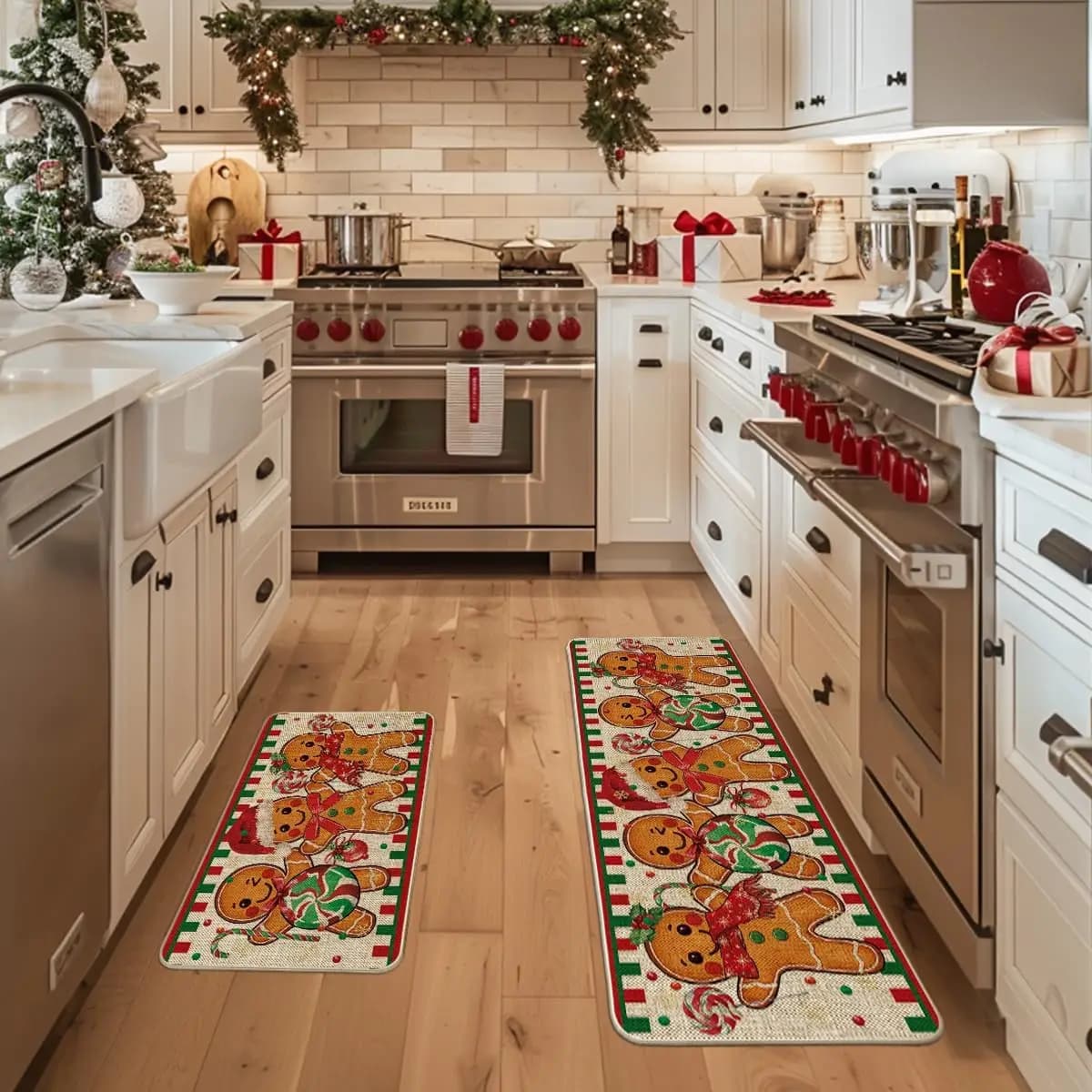 1/2 Pezzi Adorabile Tappeto Natalizio in Velluto Cristallo con Omino di Pan di Zenzero, Tappeto da Cucina Facile da Pulire, Tappeto per Ingresso, Decorazione per la Casa