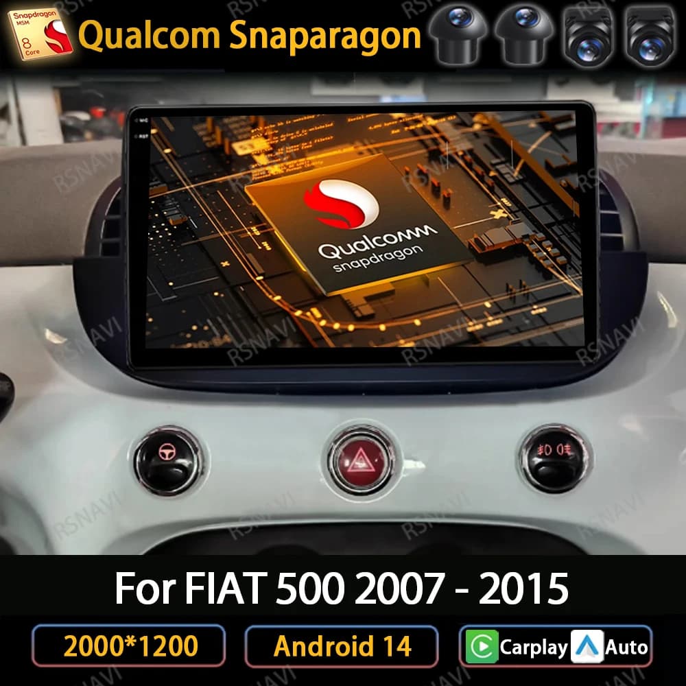 Android 14 Autoradio Per Fiat 500 2007 - 2015 Navigazione GPS Multimediale Stereo Video Player Carplay Auto 4G WIFI AI Voce QLED