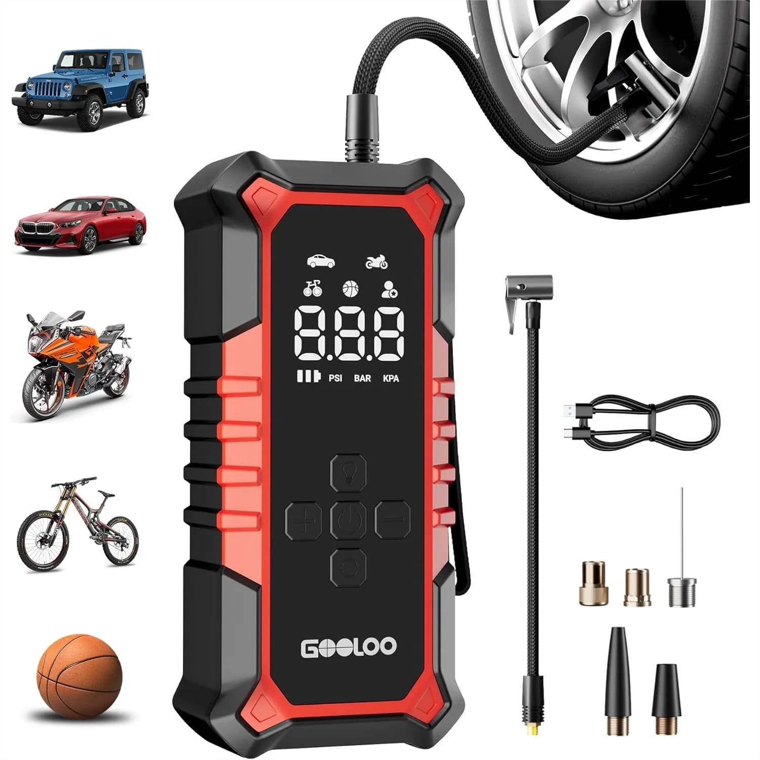 Cordless Tire Inflator 160 PSI Air Compressor 7500mAh Portable Air Pump With Digital Pressure Gauge And LED Light For Car Tires Bike Balls Auto Shut-Off