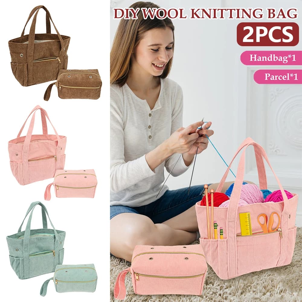 2Pcs Corduroy Crochet Bag Set Portable Soft Yarn Storage Bag with Grommet Needle Holder Large Capacity Large Yarn Storage Tote
