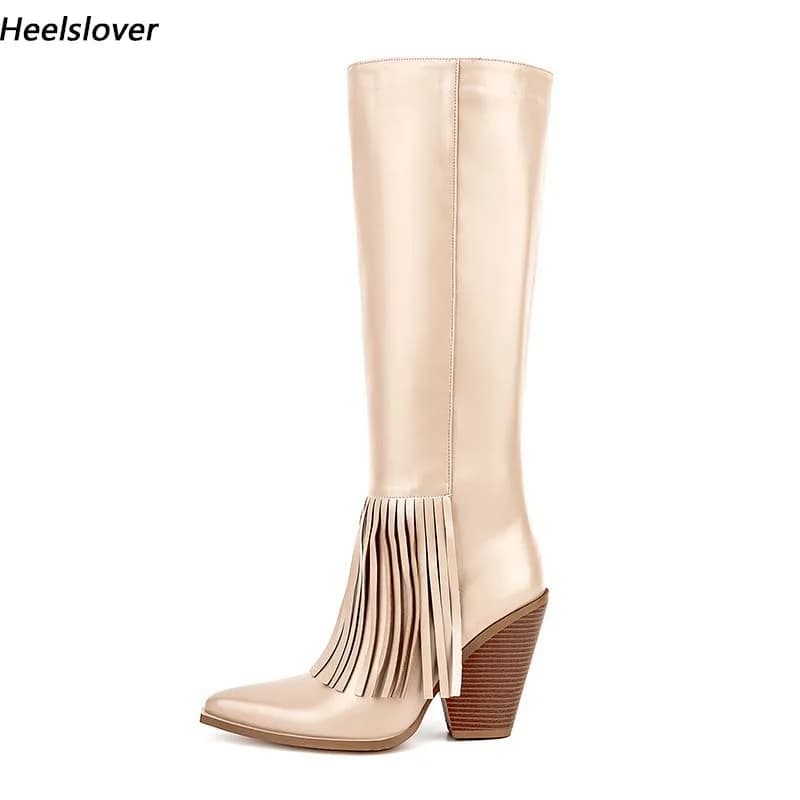 Ahhlsion New Women Winter Mid Calf Boots Block Heels Pointed Toe Beautiful Apricot Party Shoes Ladies US Size 5-13