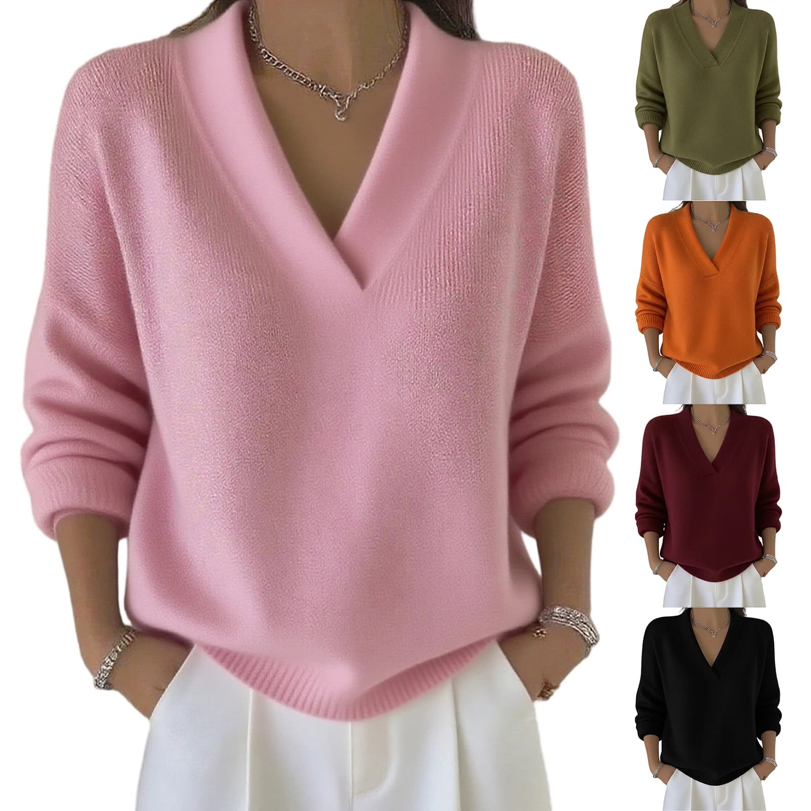 Knitted Sweater Top Pullover Women's Top Fashionable Long-sleeved Solid Color V-neck Daily Multi-color PoPular Sweater Top