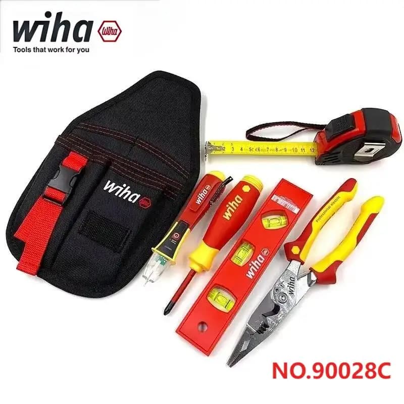 Wiha 90028C Kit di Attrezzi 6-in-1 con Custodia da Cintura - Pinze Isolate/Stilo/Cacciavite, Metro a Nastro e Righello Orizzontale