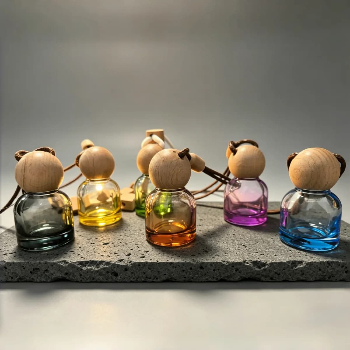Luxury Mini Glass Car Perfume Bottle, Hanging Aromatherapy Diffuser with Natural Wood Lid, Refillable Empty Fragrance Container,