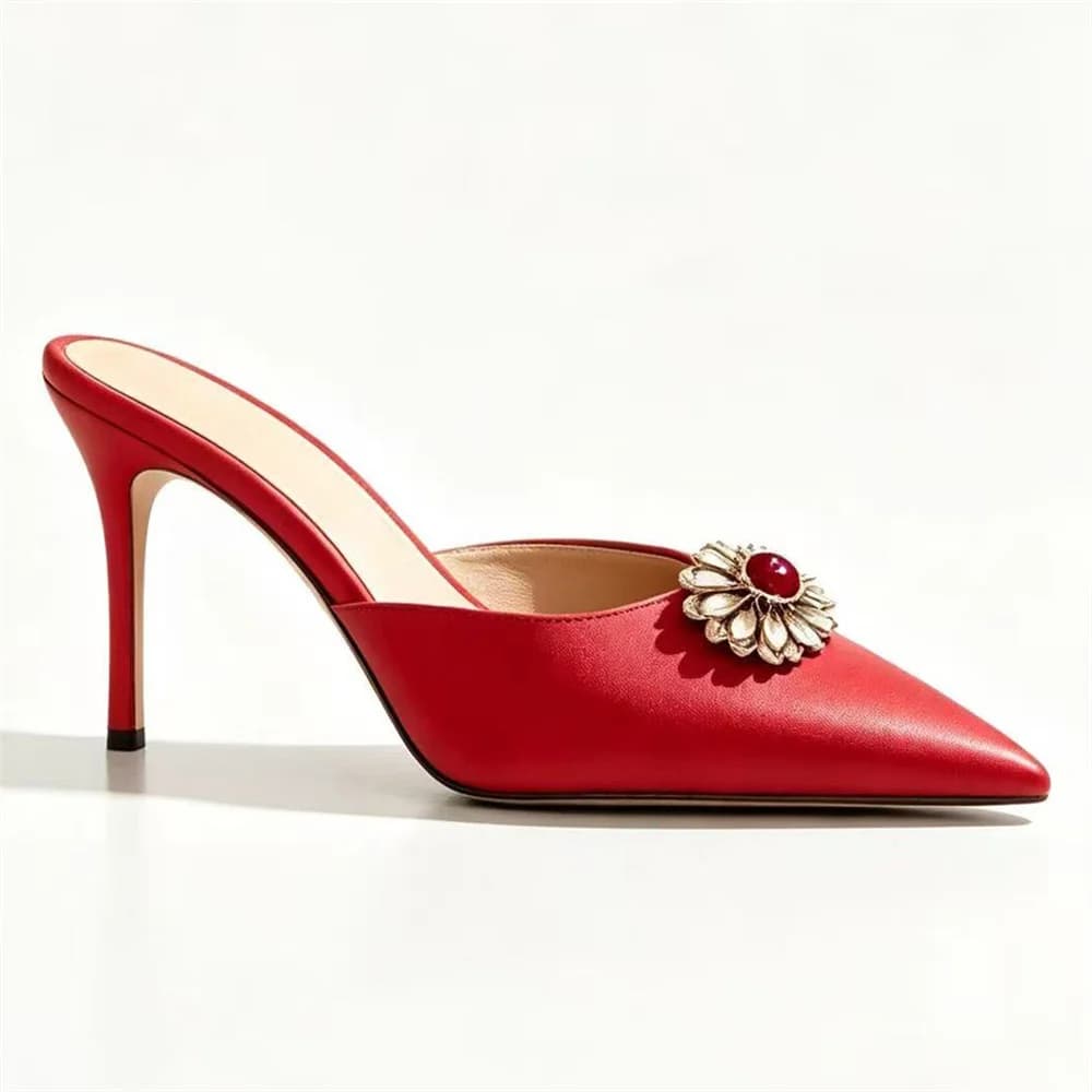 Women Red Pointed Toe Mule Slippers Flower Ruby Gem Decor Stiletto High Heels Backless Slip On Wedding Party Dress Heeled Sandal