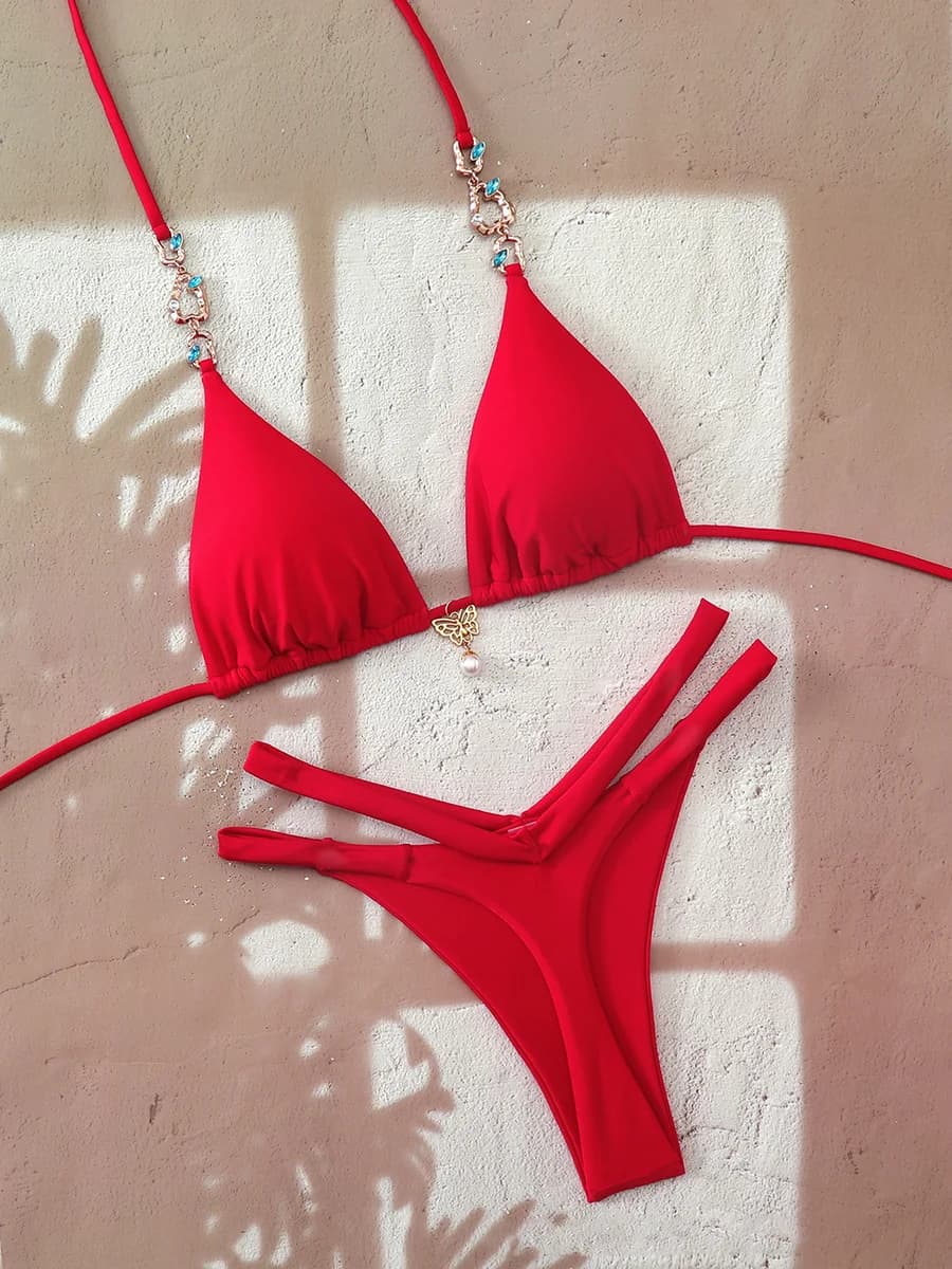 Micro Bikini 2026 Push Up Donna Costumi da Bagno Sexy Ins Set Bikini Brasiliano Tinta Unita Biquini con Perline Abbigliamento Mare Estivo