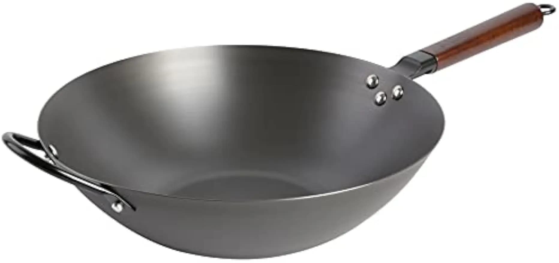 Padella Wok a fondo piatto in acciaio al carbonio da 14 pollici per friggere, distribuzione uniforme del calore e antiaderente