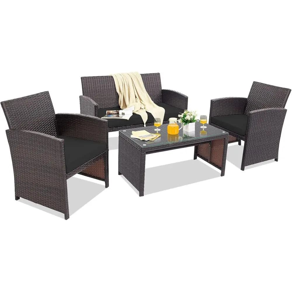 Set di Mobili da Esterno in Vimini con Tavolino in Vetro Temperato, Cuscini e Sedie in Rattan Nero Resistente alle Intemperie per Giardino