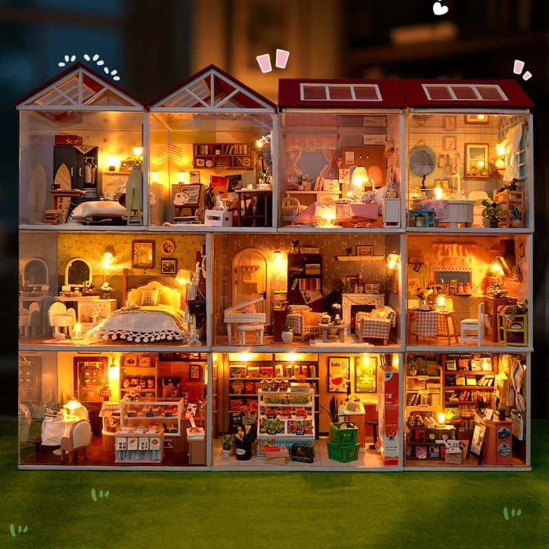 Casa delle bambole in legno fai-da-te Mini camera da letto Cucina Panetteria Modello assemblare giocattoli Kit di mobili in miniatura Bambini Regalo di Natale per adulti Casa