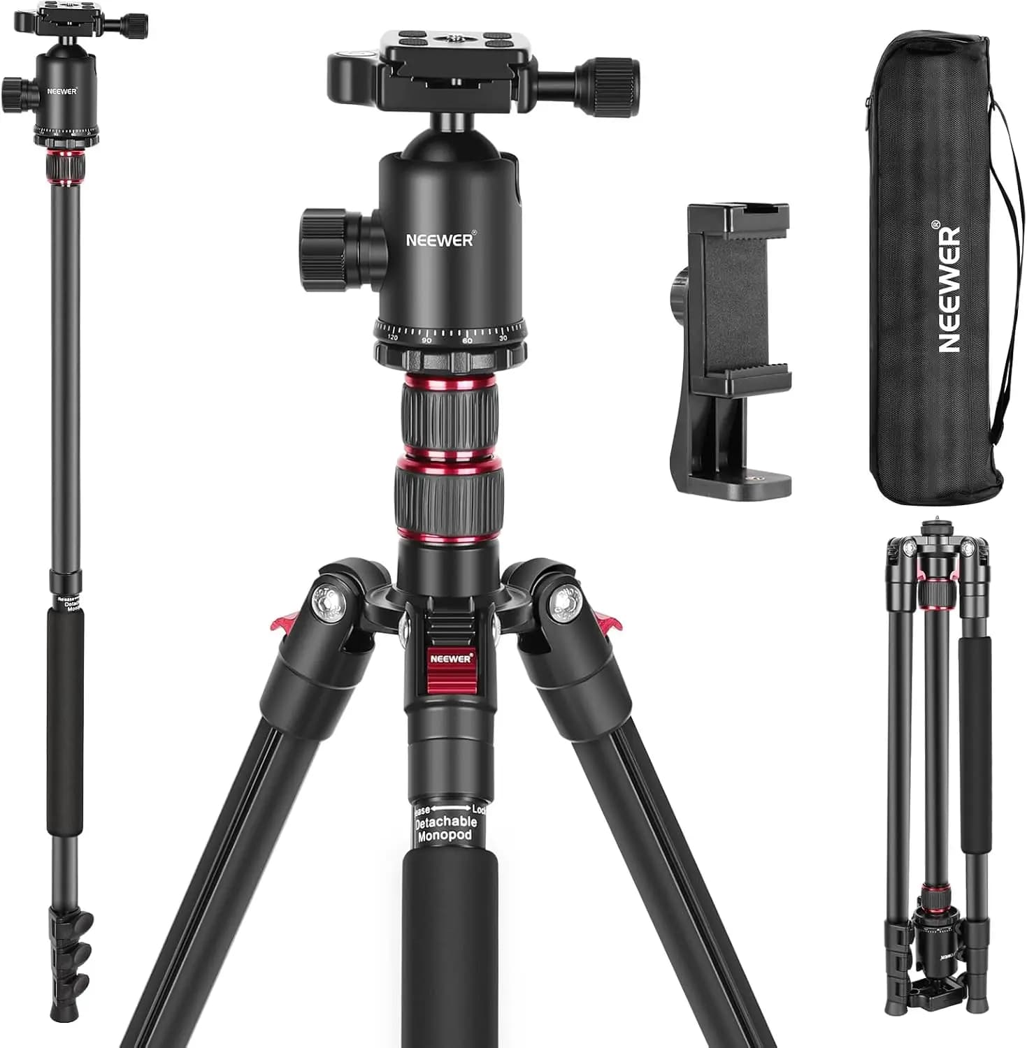 Treppiede in Alluminio da 77 Pollici con Rotazione a 360 Gradi ° Testa a sfera, carico massimo 34 libbre, compatta per fotografia di viaggio con DSLR e smartphone